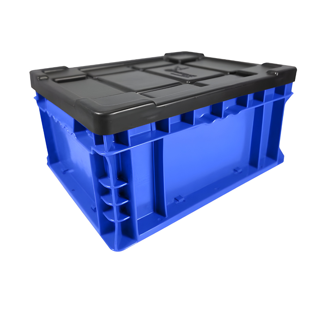 Caja plástica TIER ONE 14-11-7 azul con tapa, ideal para almacenaje y logística, polietileno resistente.