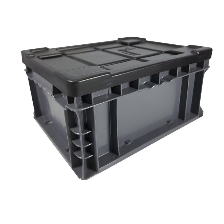 Caja plástica TIER ONE 14-11-7 color gris con tapa para almacenamiento y logística industrial, polietileno resistente.