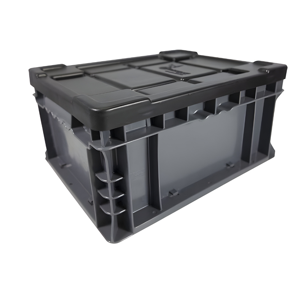 Caja plástica TIER ONE 14-11-7 color gris con tapa para almacenamiento y logística industrial, polietileno resistente.