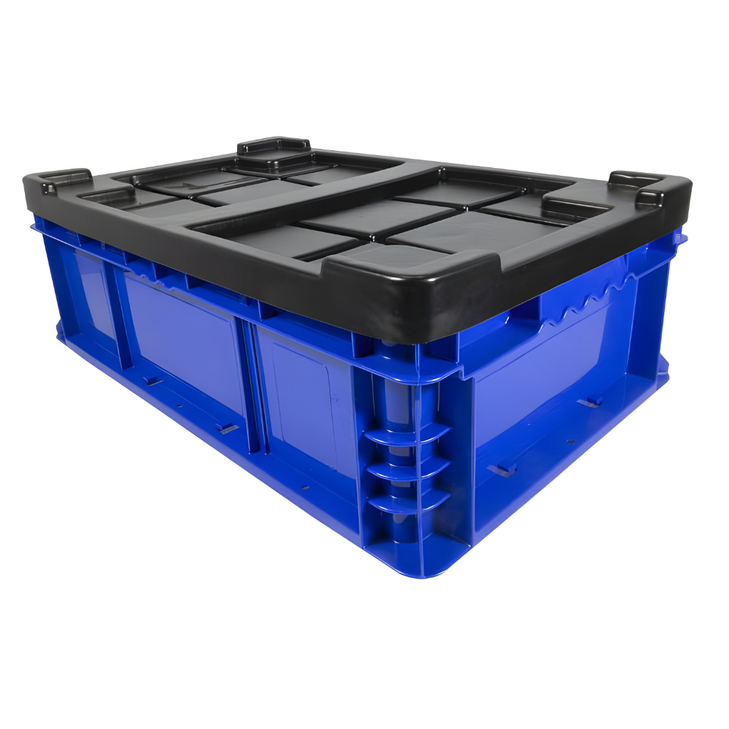 Caja plástica TIER ONE 23-14-7 color azul con tapa para almacenamiento y logística industrial, polietileno resistente.