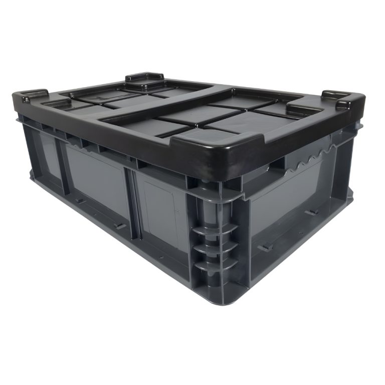 Caja plástica TIER ONE 23-14-7 color gris con tapa para almacenaje y logística industrial, polietileno durable.