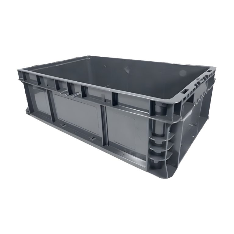 Caja plástica TIER ONE 23-14-7 color gris para almacenaje y logística industrial, polietileno durable.