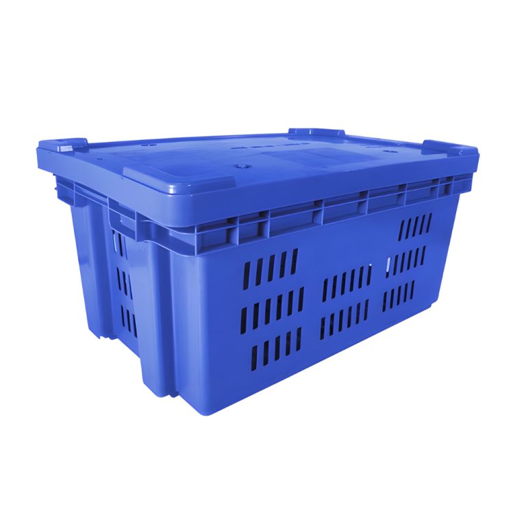 Caja plástica industrial Toronto calada azul con tapa, ventilada para alimentos y logística.