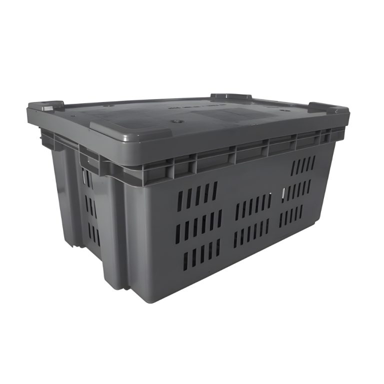 Caja plástica Toronto calada gris con tapa, ventilada para alimentos o logística y reparto.