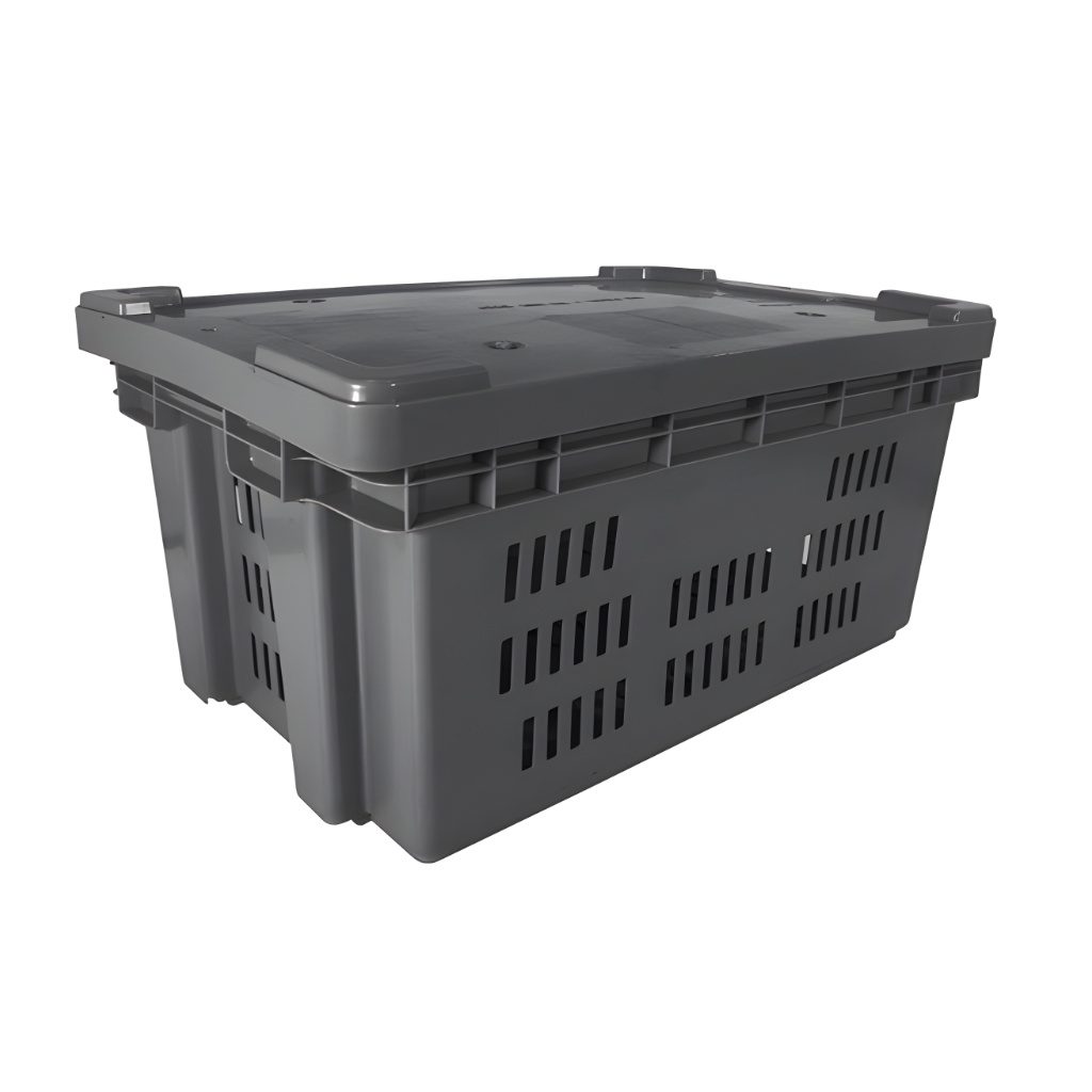 Caja plástica Toronto calada gris con tapa, ventilada para alimentos o logística y reparto.