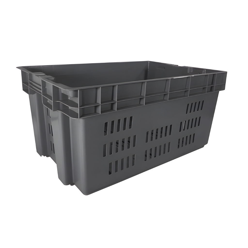 Caja plástica industrial Toronto calada gris, ventilada para productos frescos, almacén o logística.