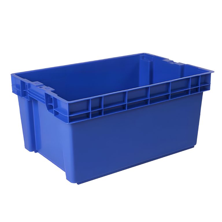 Caja plástica industrial Toronto cerrada azul, uso en almacenes y transporte industrial.