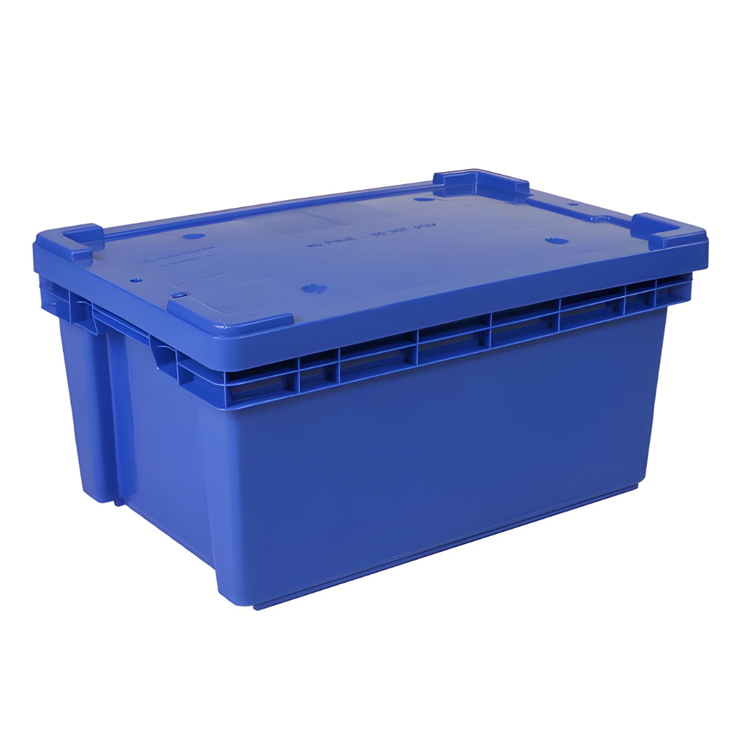 Caja plástica industrial Toronto cerrada azul con tapa, perfecta para logística y almacenaje seguro.