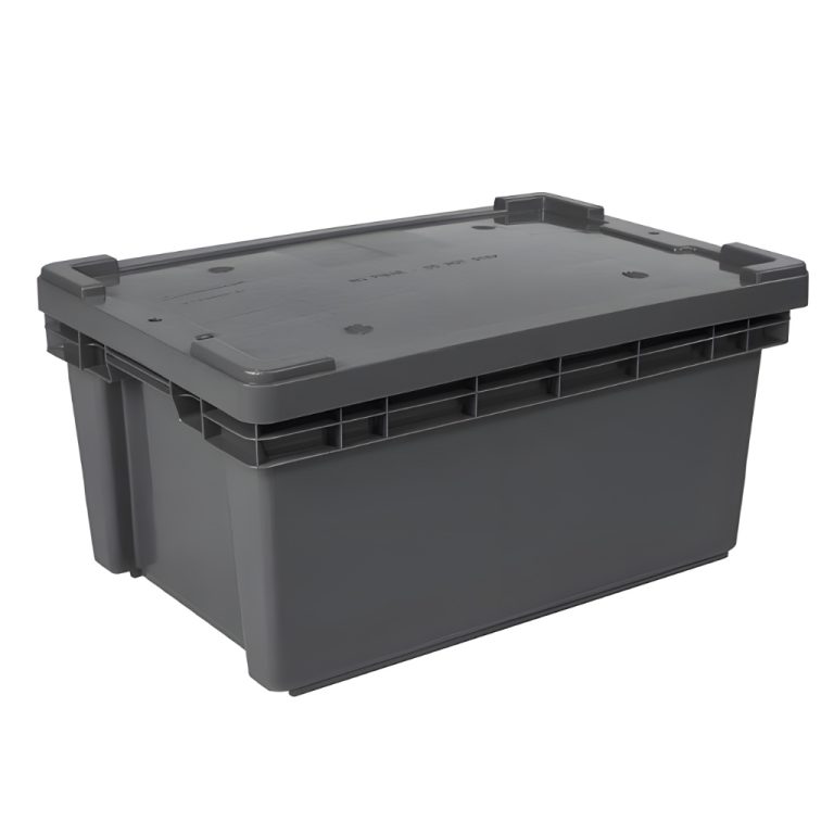 Caja plástica Toronto cerrada gris con tapa, almacén, resguardo de materiales industriales.