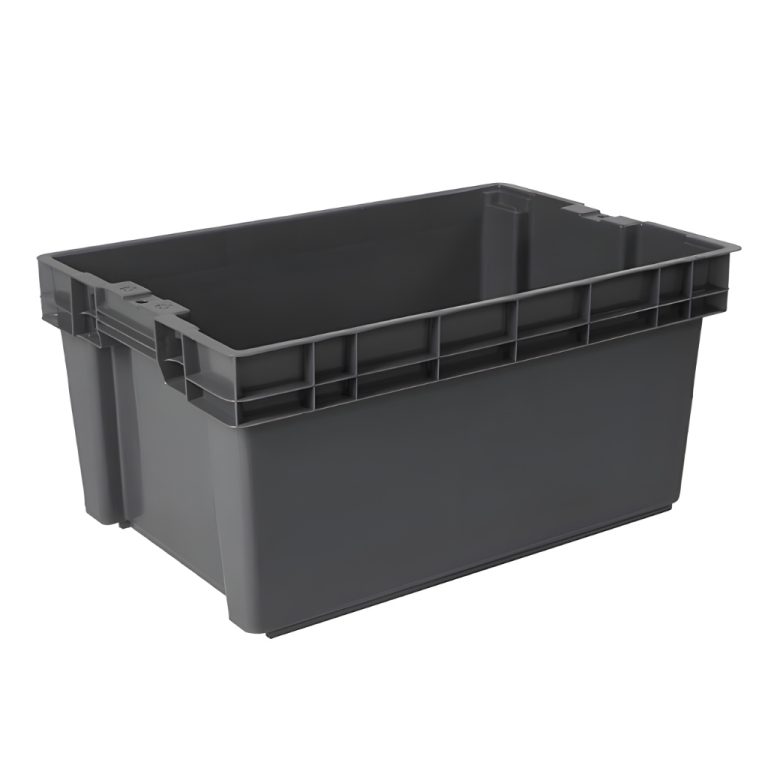 Caja plástica industrial Toronto cerrada gris, almacenamiento y logística industrial.