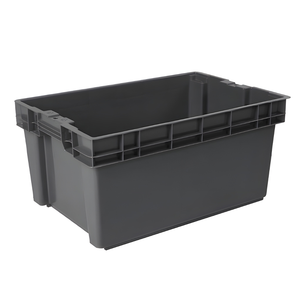 Caja plástica industrial Toronto cerrada gris, almacenamiento y logística industrial.