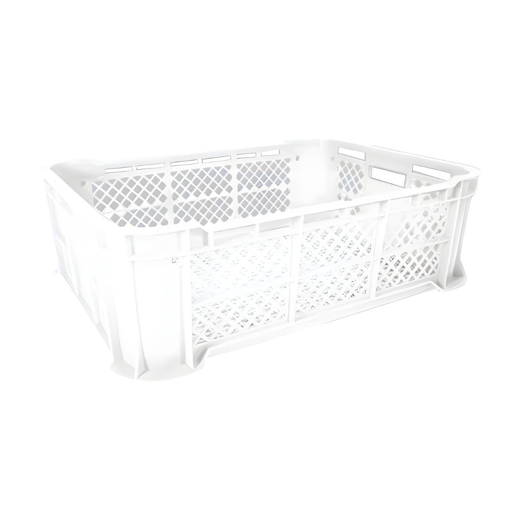 Caja plástica rectangular calado chico blanca, 57 x 41.5 x 18 cm, capacidad 20 kg, charola ventilada para frutas, verduras y pan.