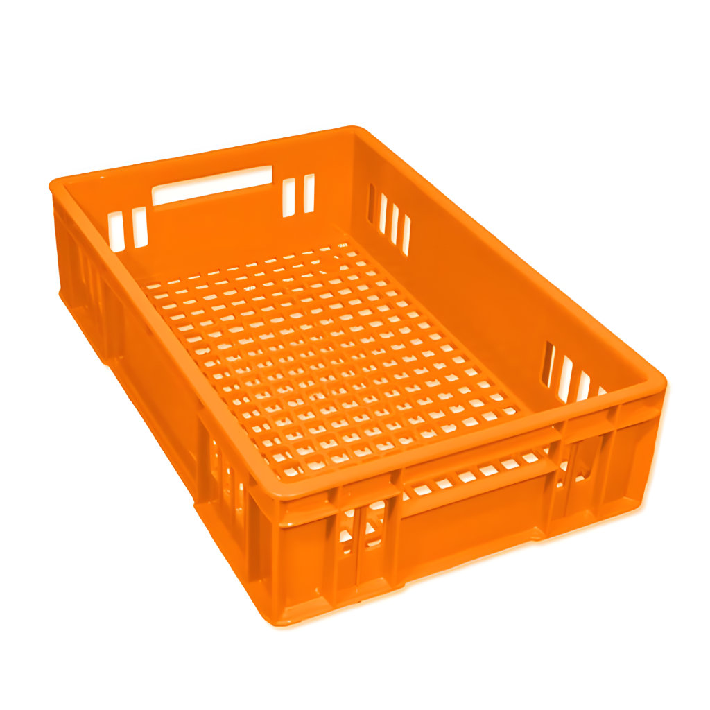 Caja plástica rectangular calado grande naranja, 53 x 34.5 x 13.2 cm, capacidad 10–15 kg, charola perforada para frutas, verduras y alimentos.