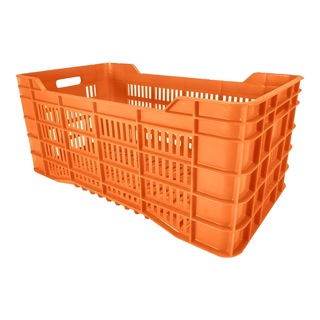 Caja plástica agrícola Walter calada naranja, 71 x 39 x 32 cm, capacidad 50 kg, ventilada para cítricos, hortalizas y productos acuícolas.