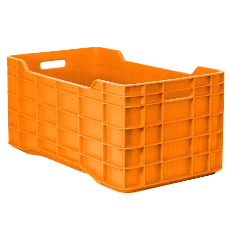 Caja plástica agrícola Walter cerrada naranja, 71 x 39.5 x 32 cm, capacidad hasta 60 kg, paredes cerradas para productos a granel y uso cárnico o acuícola.