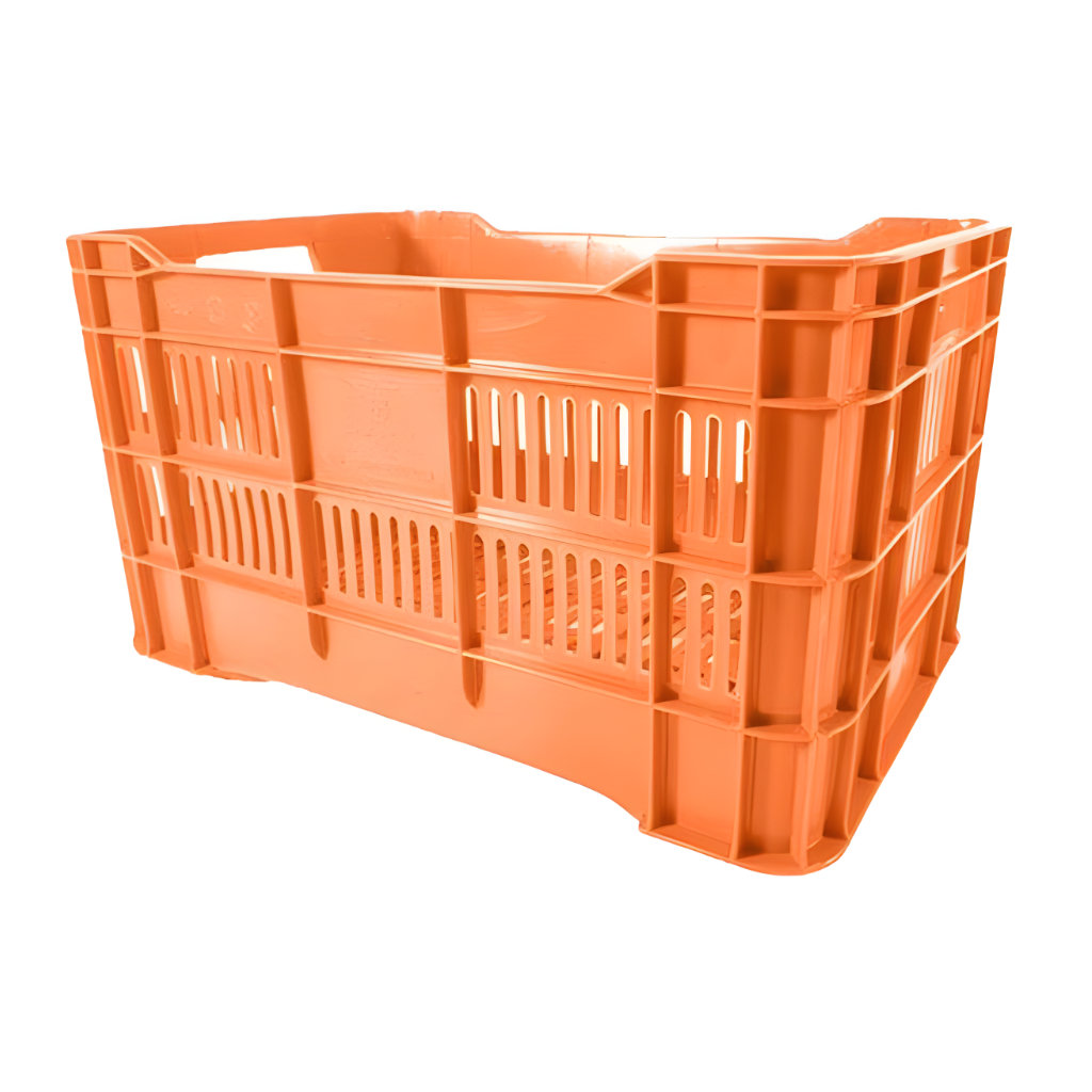 Caja plástica agrícola Walterino calada ligera naranja, 51 x 33 x 28.5 cm, capacidad 25 kg, ventilada para mango, limón y otros cultivos.