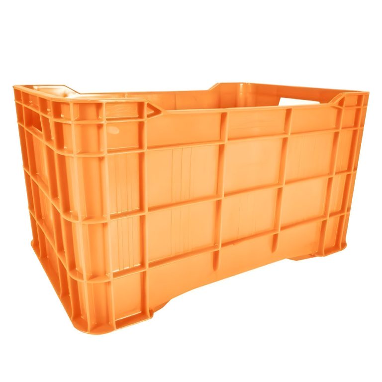 Caja plástica agrícola Walterino cerrada naranja, 51 x 33 x 28.5 cm, capacidad 30 kg, paredes cerradas para productos a granel.