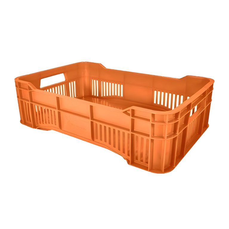 Caja plástica agrícola Walterino mediana calada color naranja, 51 x 33.5 x 14.8 cm, capacidad 15 kg, ideal para frutas y verduras.