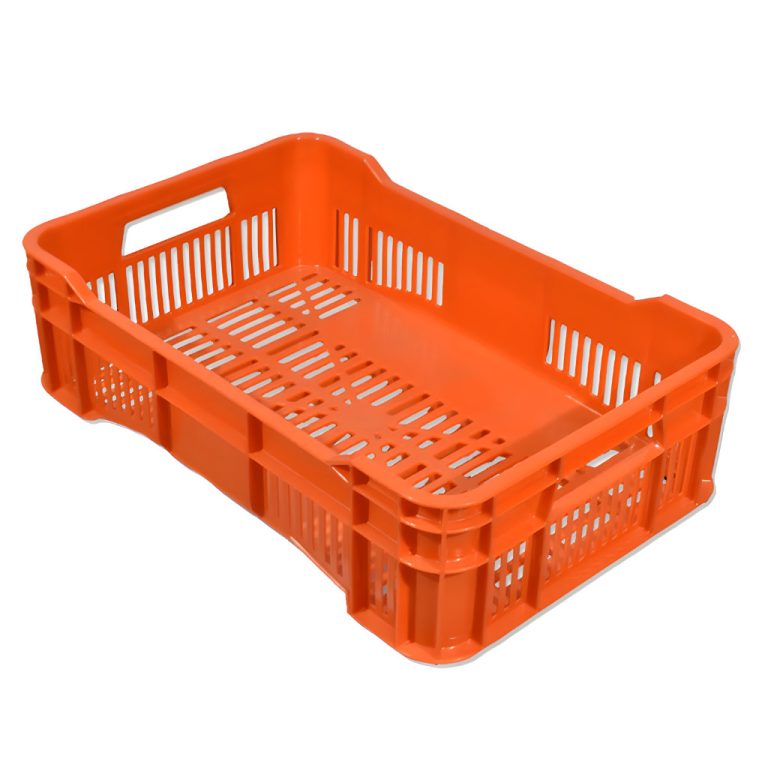 Caja plástica agrícola Walterino mediana calada con piso calado naranja, 51 x 33.5 x 14.8 cm, capacidad 15 kg para frutas y verduras.
