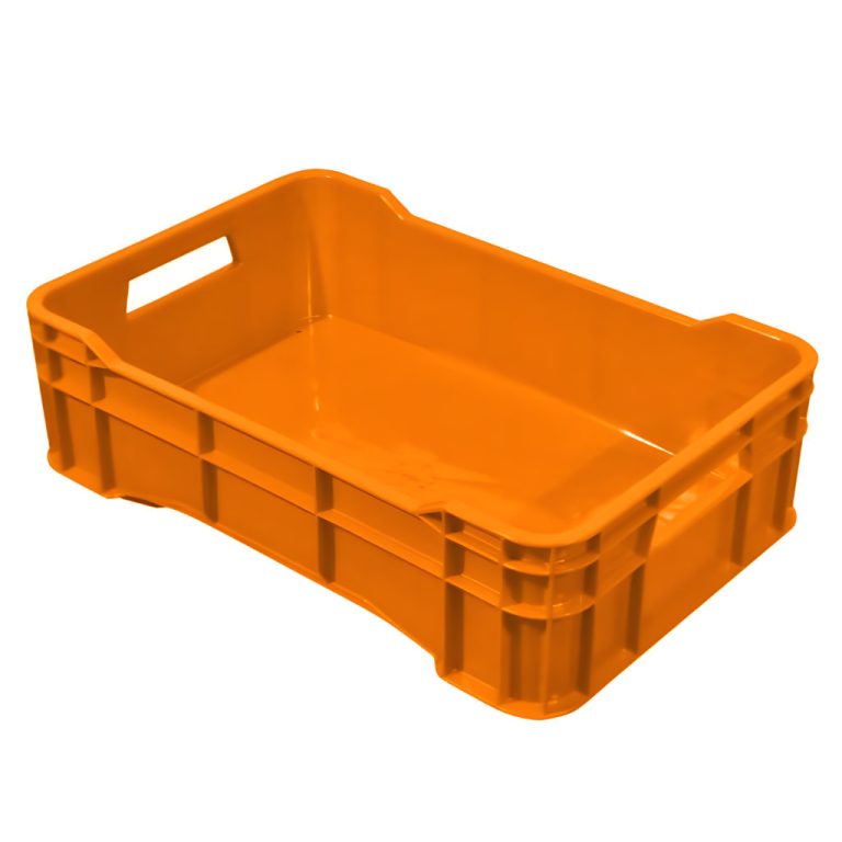 Caja plástica agrícola Walterino mediana cerrada naranja, 51 x 33.5 x 14.8 cm, capacidad 15 kg, paredes cerradas para empaques delicados.