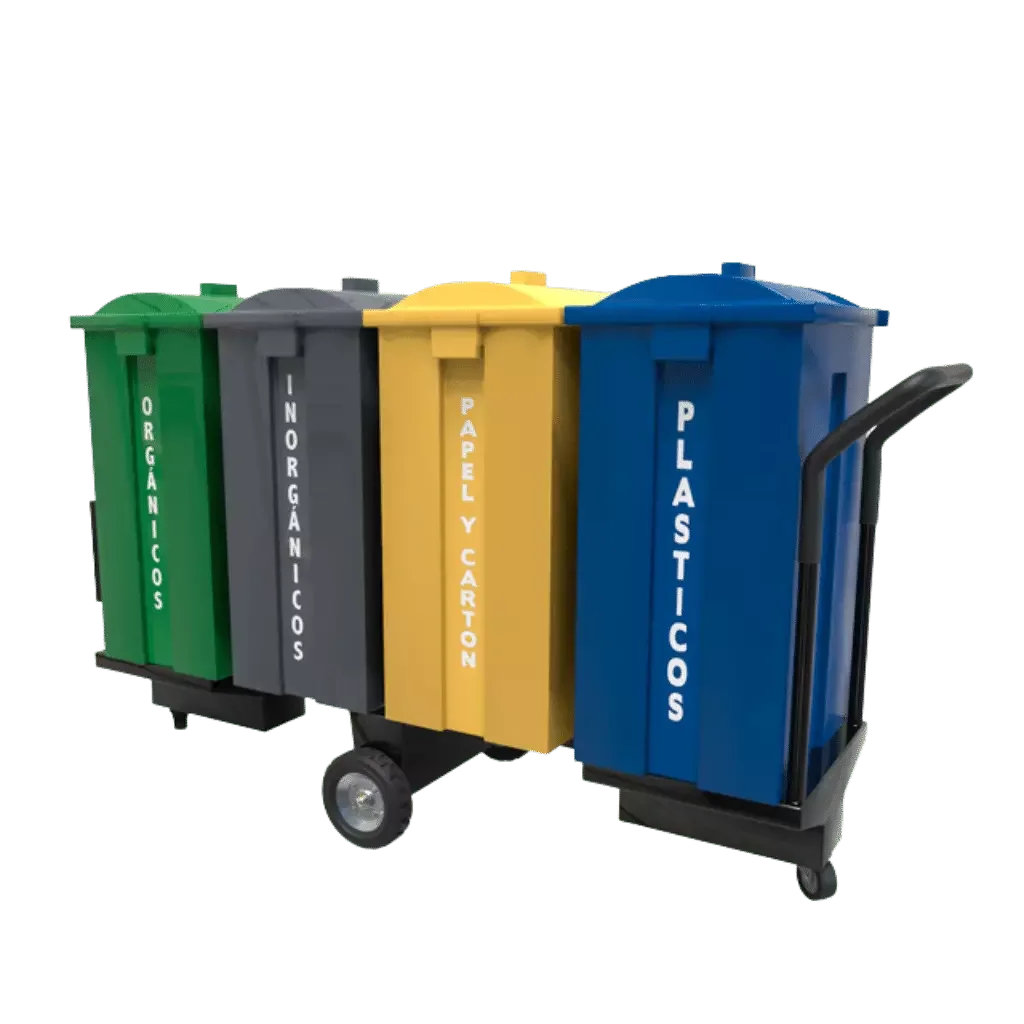 Carrito limusina con 4 botes señalizados residuos orgánicos, inorgánicos, papel y plásticos
