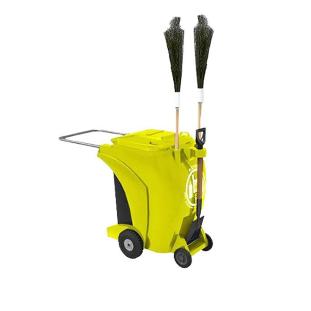 Carro barrendero Elite amarillo con escobas y pala para limpieza urbana México