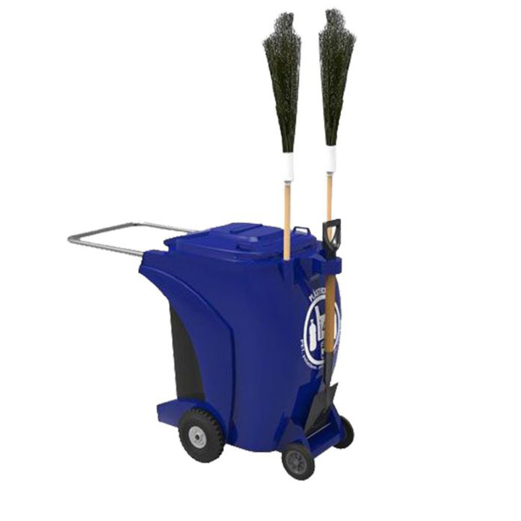 Carro barrendero Elite azul con escobas y pala para limpieza urbana México