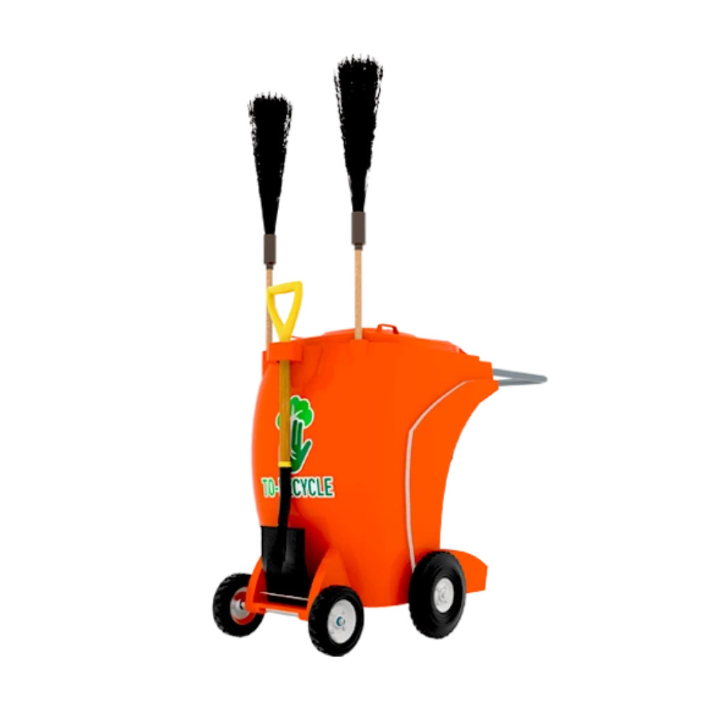 Carro barrendero Elite naranja con escobas y pala para residuos México