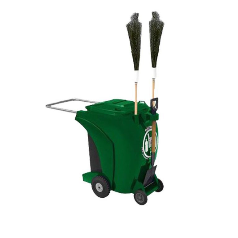 Carro barrendero Elite verde con escobas y pala para limpieza urbana México