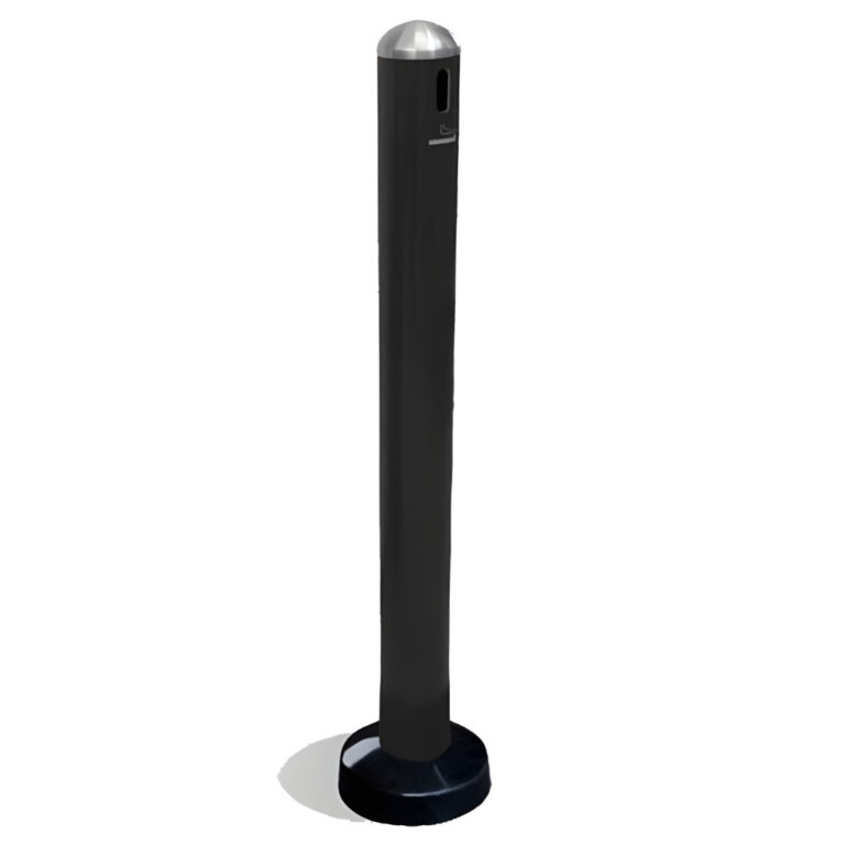Cenicero Avenue negro modelo 309123 tipo poste de piso, cuerpo de acero pintado negro con tapa de acero inoxidable y base para anclar.