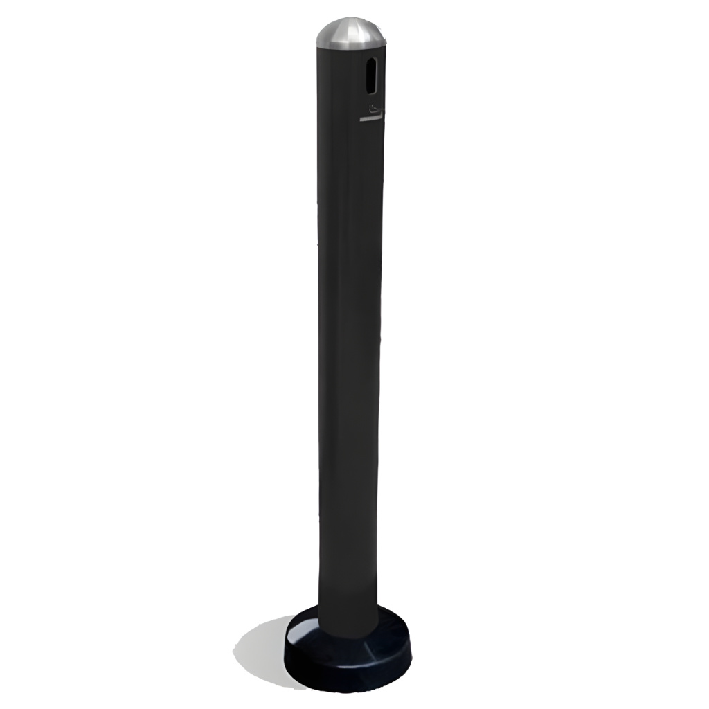 Cenicero Avenue negro modelo 309123 tipo poste de piso, cuerpo de acero pintado negro con tapa de acero inoxidable y base para anclar.
