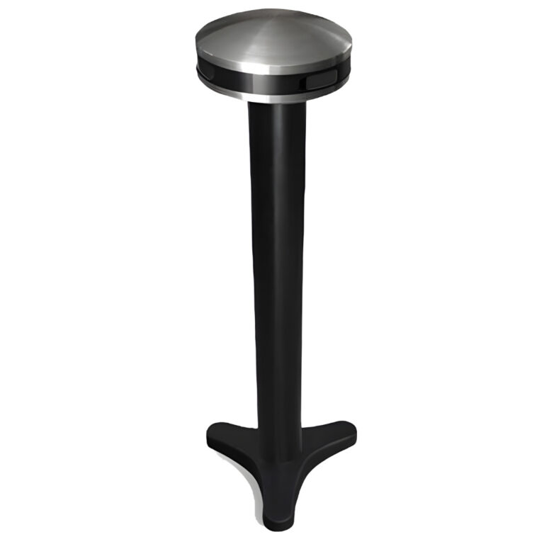 Cenicero OV de piso modelo 310023 con tapa de acero inoxidable y cuerpo de acero pintado negro, base triangular estable para uso exterior.