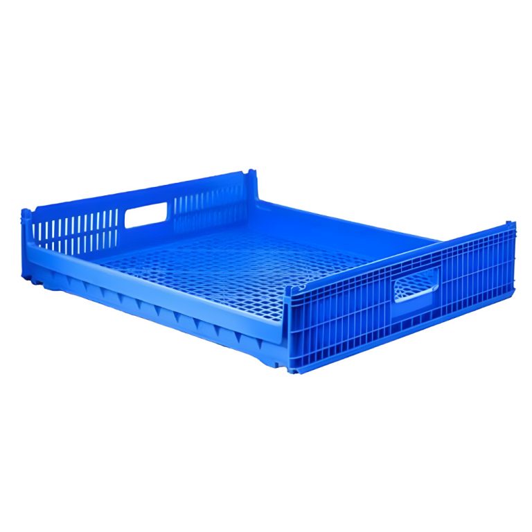 Charola plástica industrial Panamá color azul apilable, ventilada, uso alimentario y agrícola.