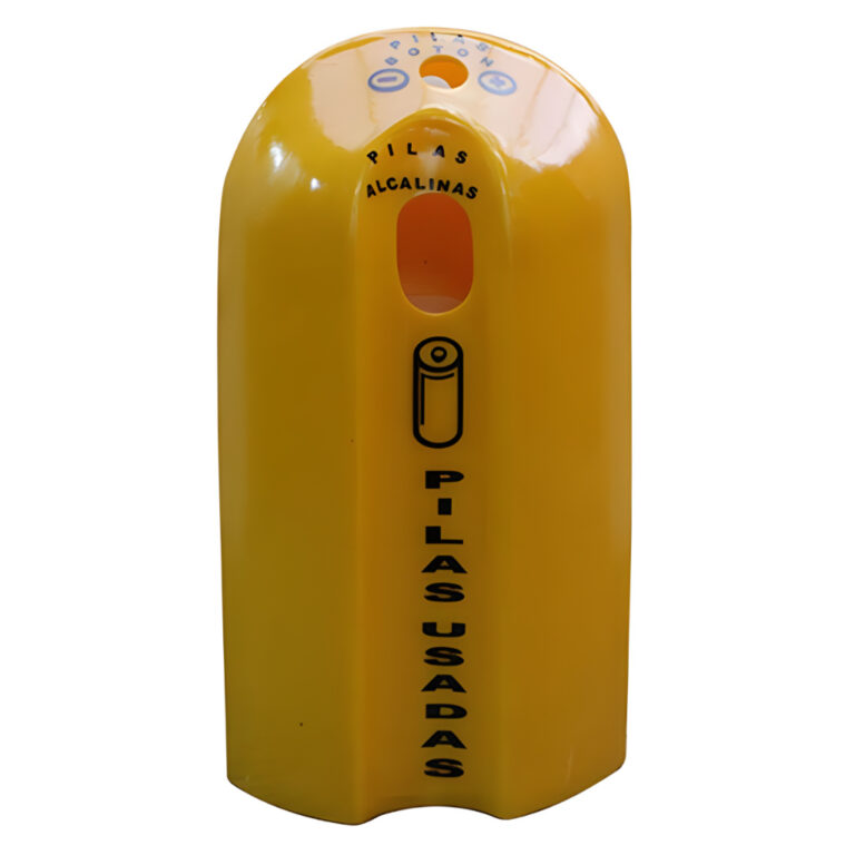 Contenedor Ecobatery amarillo para pilas usadas con señalización “Pilas alcalinas usadas” y boca superior para depósito seguro de baterías.