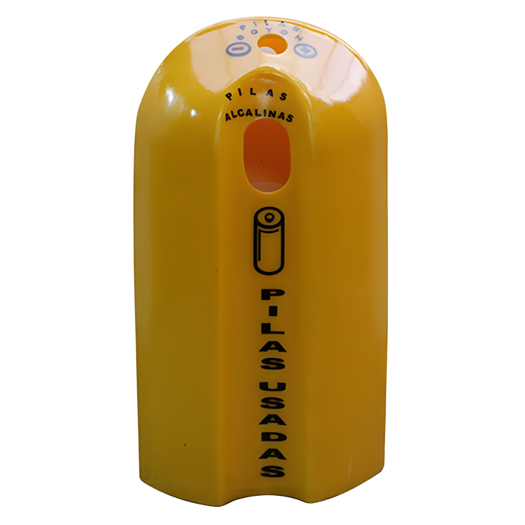 Contenedor Ecobatery amarillo para pilas usadas con señalización “Pilas alcalinas usadas” y boca superior para depósito seguro de baterías.