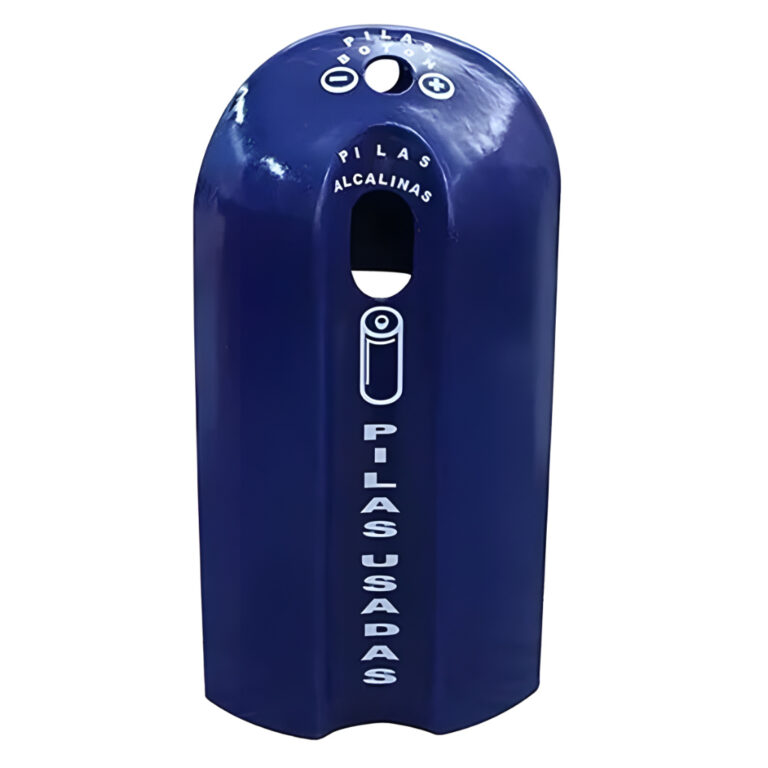 Contenedor Ecobatery azul para recolección y reciclaje de pilas usadas con gráficos de pilas alcalinas y abertura frontal ergonómica.
