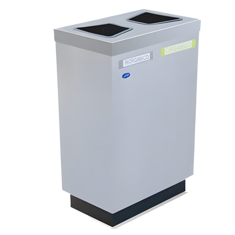 Contenedor ecológico cubo doble de acero inoxidable pulido SKU 658011 con dos aberturas superiores y división interna para separar residuos orgánicos e inorgánicos, capacidad 125 litros.