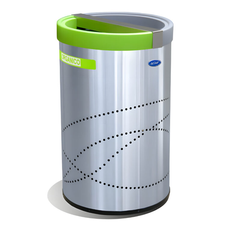 Basurero ecológico jumbo doble de acero inoxidable pulido SKU 657211 con aro verde y división interior para separar residuos orgánicos e inorgánicos en áreas de alto tráfico.
