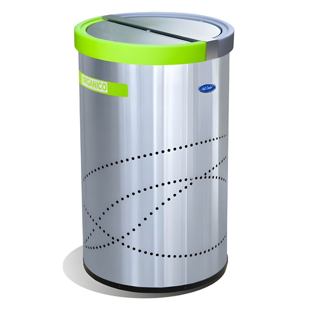 Basurero ecológico jumbo doble de acero inoxidable pulido SKU 656211 con tapa balancín y división interior para separar residuos orgánicos e inorgánicos.