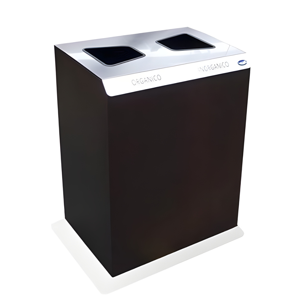 Contenedor ecológico Office A de acero inoxidable con cuerpo tipo madera chocolate y dos aberturas superiores para residuos orgánicos e inorgánicos, capacidad 118–125 litros, SKU 680041.