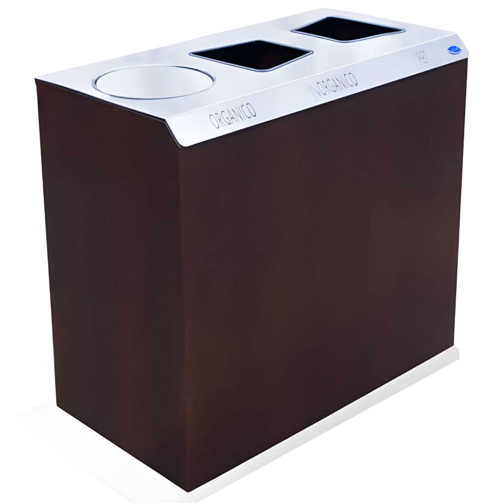 Contenedor ecológico cubo doble de acero inoxidable pulido SKU 658011 con dos aberturas superiores y división interna para separar residuos orgánicos e inorgánicos, capacidad 125 litros.