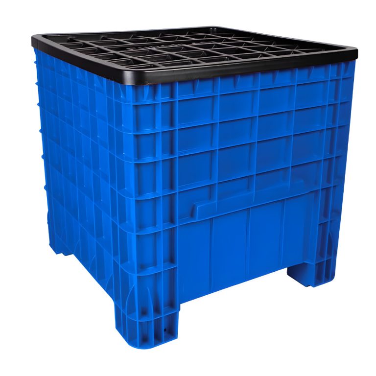 Contenedor México azul con tapa, caja plástica industrial para almacenamiento y logística de materiales o productos