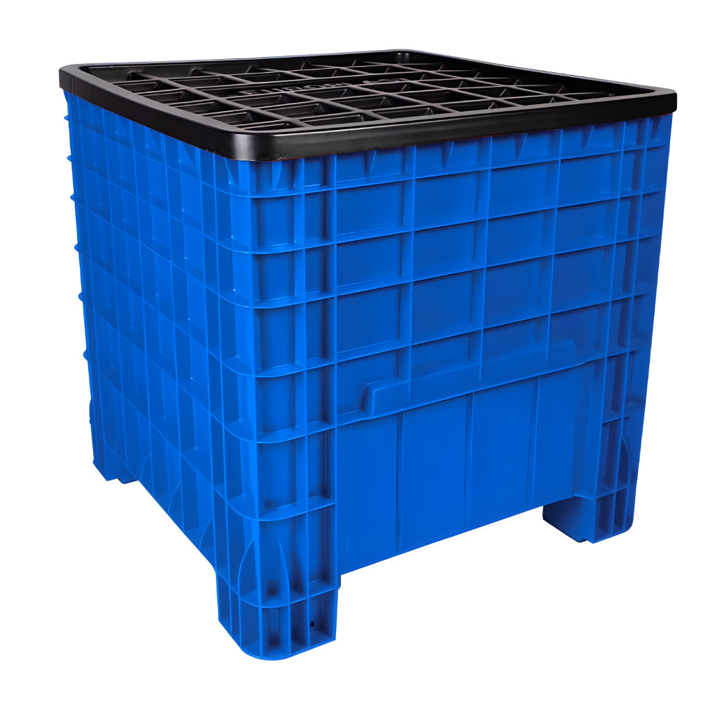 Contenedor México azul con tapa, caja plástica industrial para almacenamiento y logística de materiales o productos