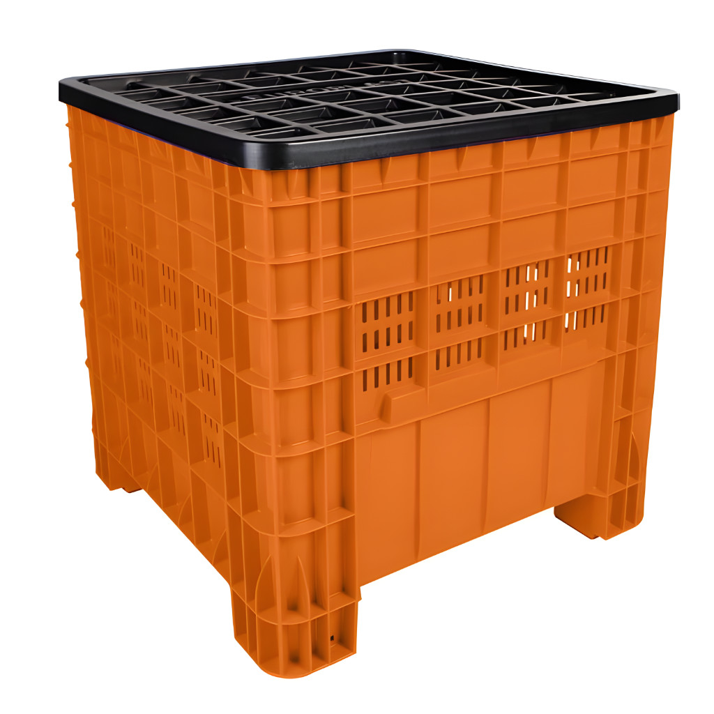 Contenedor México calado naranja con tapa, caja industrial plástica ventilada para almacenamiento, transporte o resguardo de productos