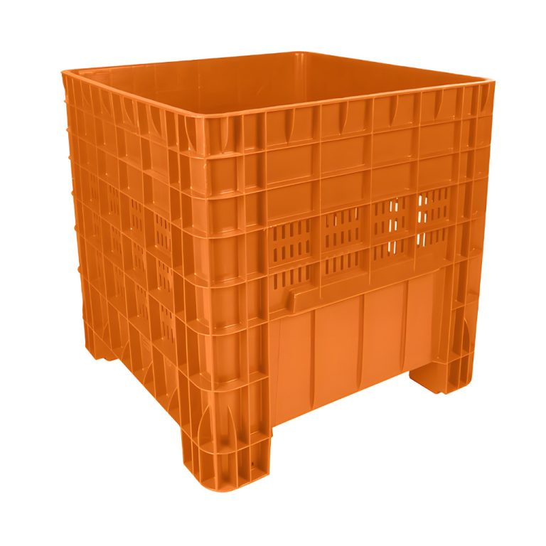 Contenedor México calado naranja, caja plástica ventilada para manejo, almacenamiento y transporte de productos industriales, agrícolas o alimenticios