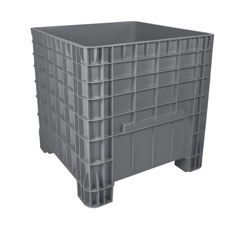 Contenedor México abierto gris, caja plástica industrial para almacenamiento y manejo de materiales en plantas y almacenes