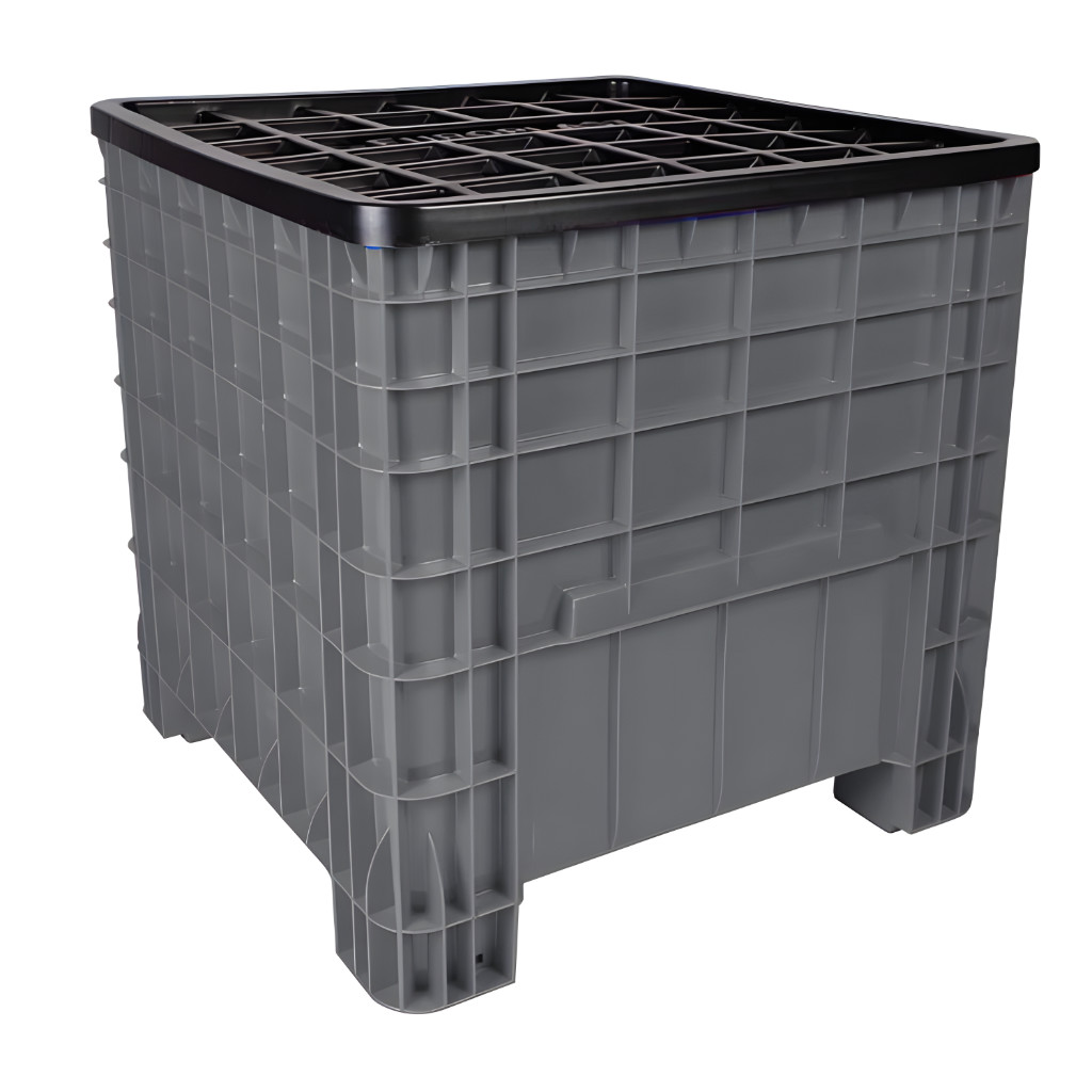 Contenedor México gris con tapa, caja plástica industrial resistente para almacenamiento y manejo de materiales