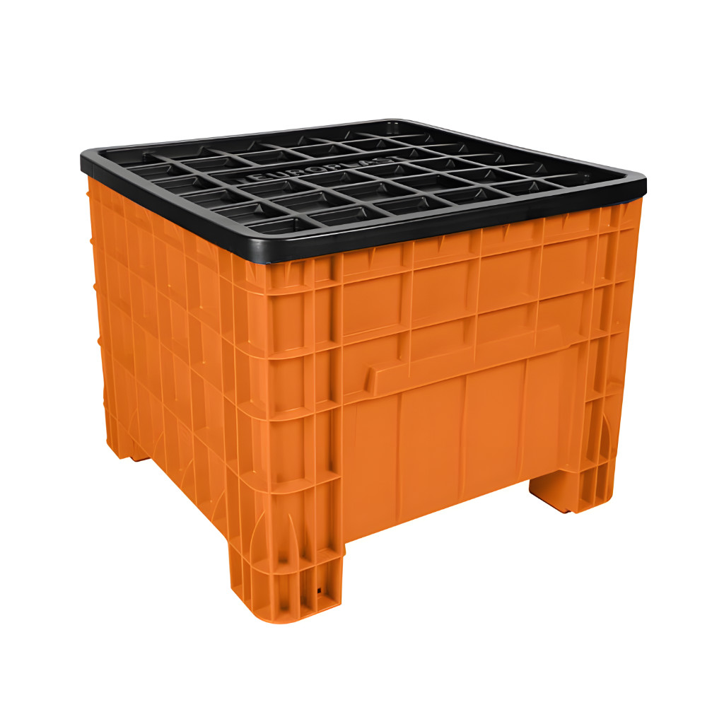 Contenedor México mediano con tapa, caja plástica industrial para almacenamiento protegido de productos, insumos o materiales en industria