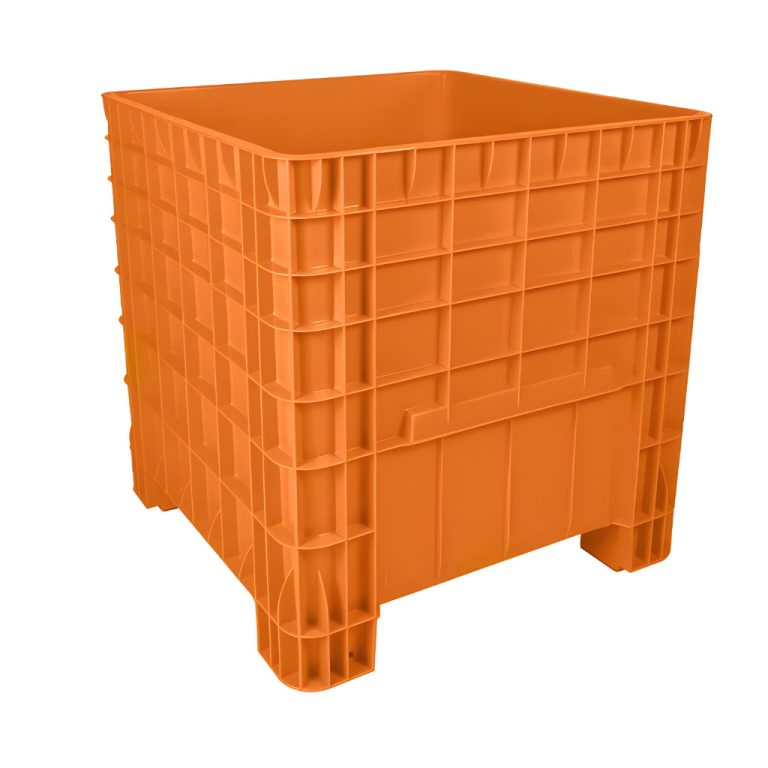 Contenedor México abierto naranja, caja plástica de alta resistencia para uso industrial, almacenamiento y logística
