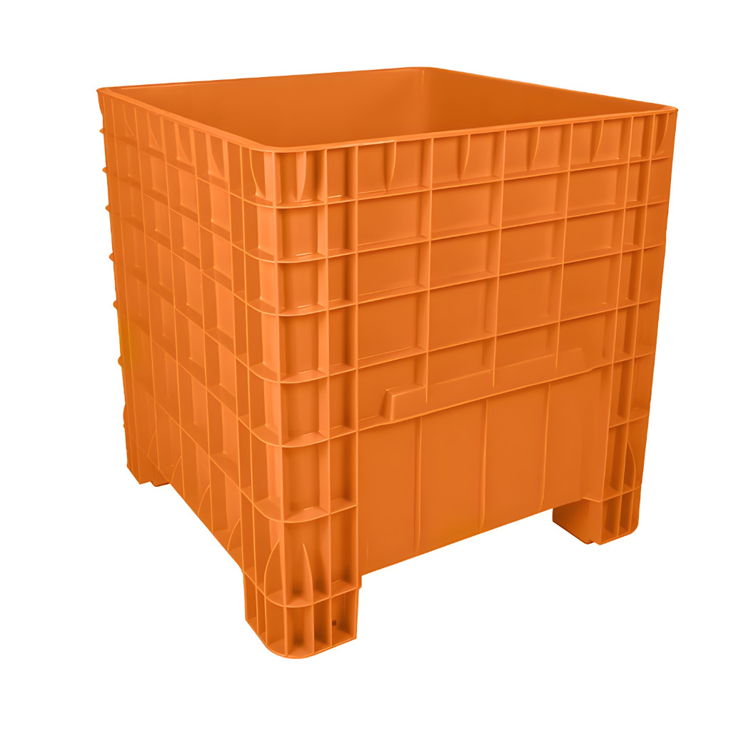 Contenedor México abierto naranja, caja plástica de alta resistencia para uso industrial, almacenamiento y logística
